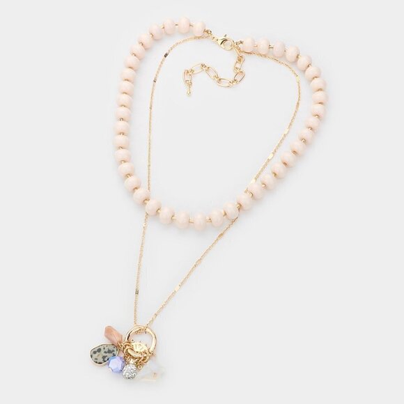 NEW Boho Ivory Gold Neutral Stone Ball Ship Heel Pendant Layered Necklace - Picture 1 of 9